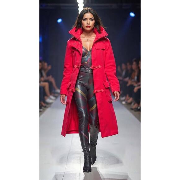 Benetton Wool Duffle Toggle Peacoat Sz S Red Hooded Classic Paddington Bear - Picture 12 of 13